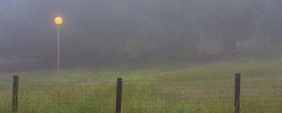photo taken on campus; a light shines through the fog with a fence in the foreground